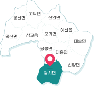 광시면 위치 안내 이미지로 응봉면, 대흥면, 신양면과 접해있습니다.