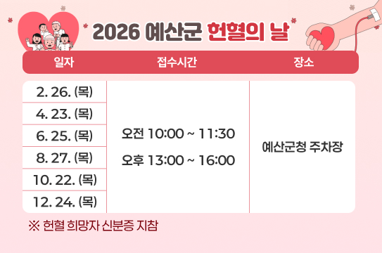 2026 예산군 헌혈의 날 
일 자 접수시간 장 소
2.26.(목)
오전 10:00~11:30 / 오후 13:00~16:00
예산군청 주차장
4.23.(목)
오전 10:00~11:30 / 오후 13:00~16:00
6.25.(목)
오전 10:00~11:30 / 오후 13:00~16:00
8.27.(목)
오전 10:00~11:30 / 오후 13:00~16:00
10.22.(목)
오전 10:00~11:30 / 오후 13:00~16:00
12.24.(목)
오전 10:00~11:30 / 오후 13:00~16:00
※ 헌혈 희망자 신분증 지참