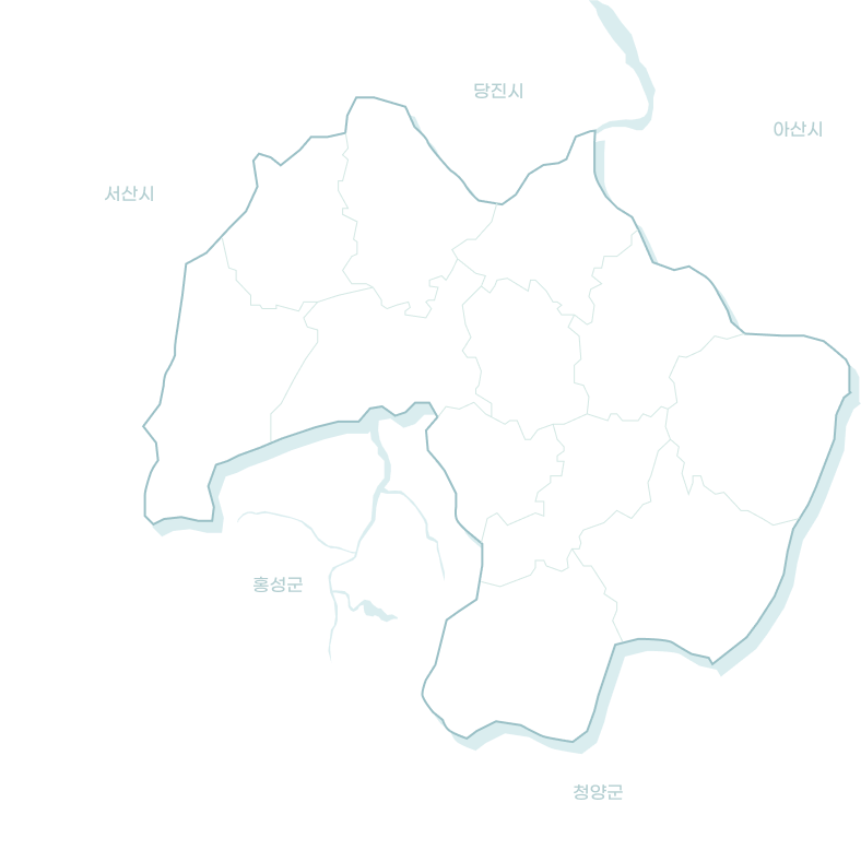 예산군 지도. 예산읍, 산교읍, 대술면, 신양면, 광시면, 대흥면, 응봉면, 덕산면, 봉산면, 고덕면, 신암면, 오가면이 있다.