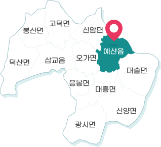 예산읍 위치 이미지로 신암면, 오가면, 대술면, 대흥면과 접해있습니다.