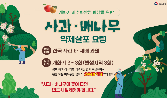 개화기 과수화상병 예방을 위한
사과·배나무
약제살포 요령

방제대상
전국 사과·배 재배 과원

방제시기
개화기 2~3회 (발생지역 3회)
꽃이 피기 시작하면 과수화상병 예측정보에서 위험 또는 매우위험 경보시 24시간 이내 약제살포

“사과·배나무에 꽃이 피면 반드시 방제해야 합니다.”